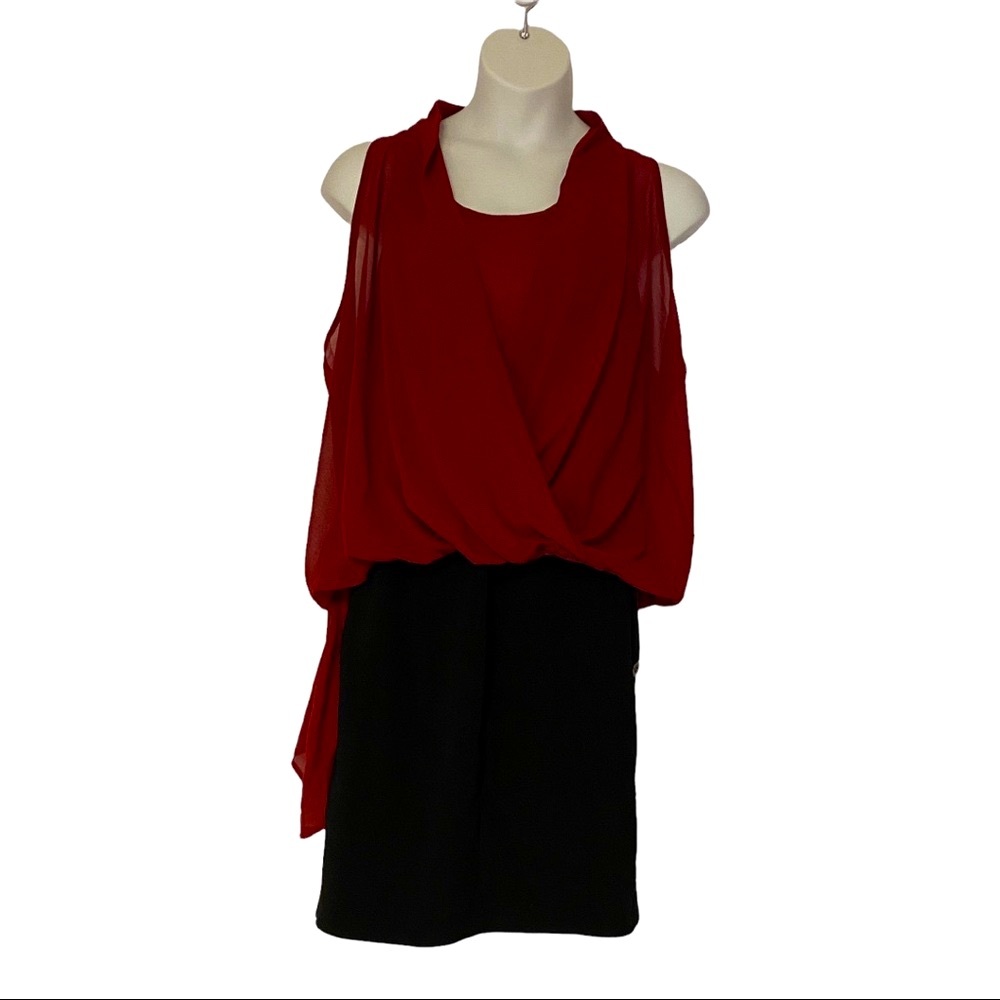 Chiffon Overlay Blood Red Blouse Pin-Up Blouse Tunic Cocktail Party Top size XL - Picture 5 of 14